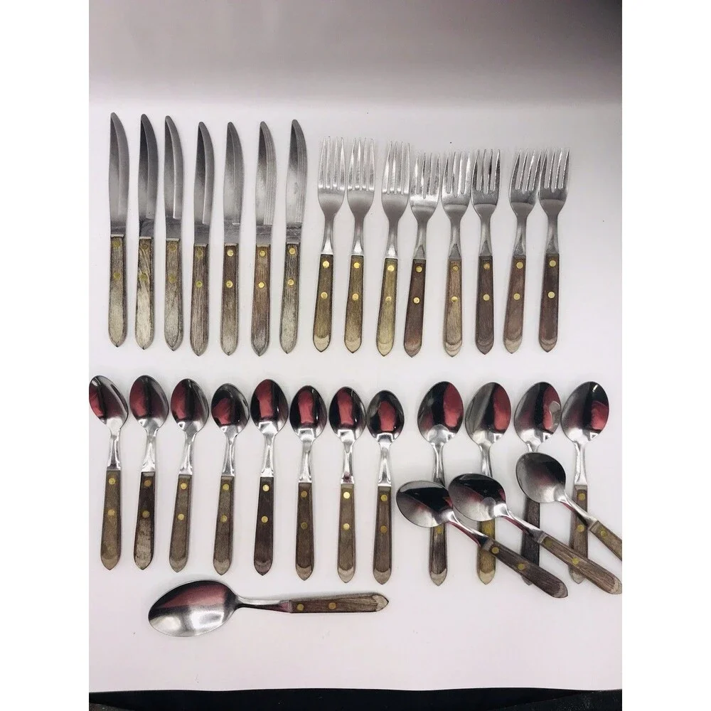 Town & Country USA Vintage Flatware Set 31 Pc Wood Handle Stainless Knives Forks